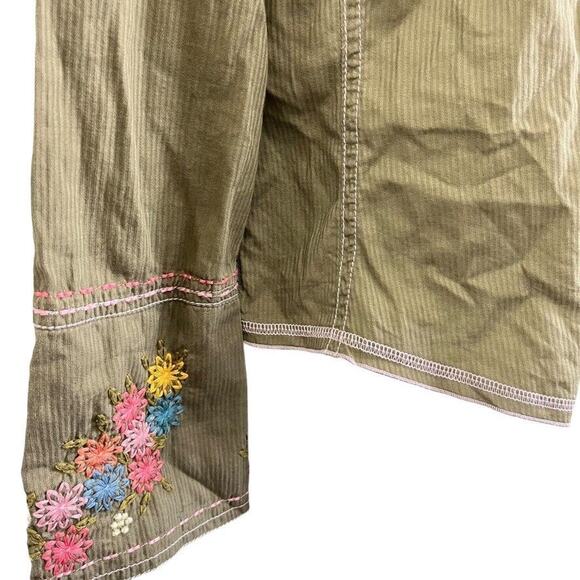 J Jill Womens Embroidered Long Sleeve Bell Sleeve Button Up Green Shirt Top sz 4 - Picture 4 of 16